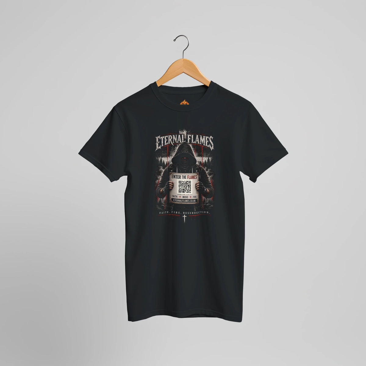 ENTER THE FLAMES Eternal Flames Christian metal streetwear T-shirt mockup with distressed front artwork