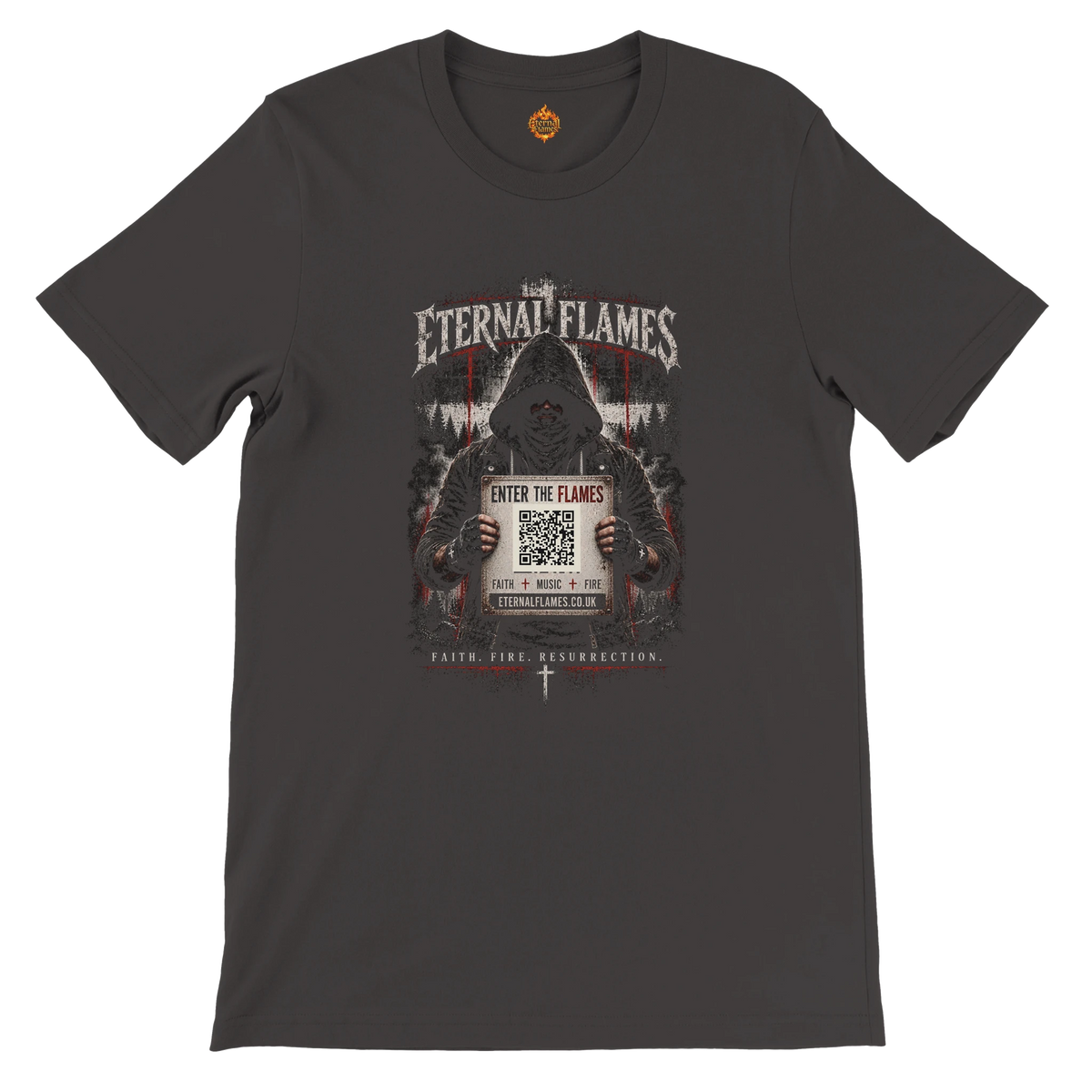 ENTER THE FLAMES Eternal Flames premium unisex T-shirt in Vintage Black with hooded figure and QR code graphic