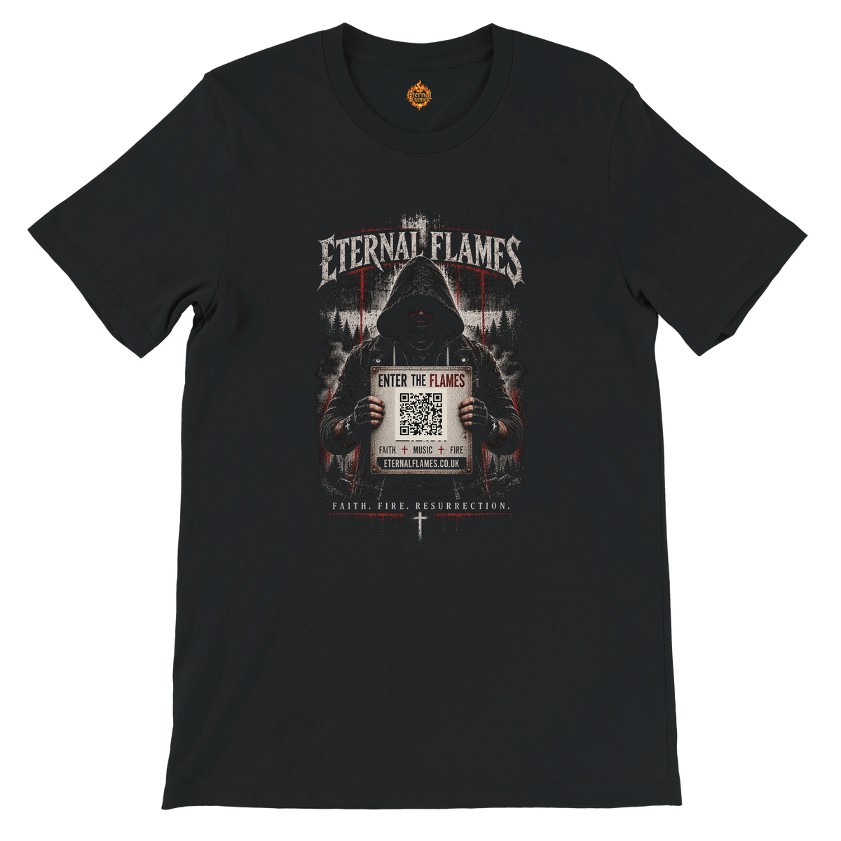 ENTER THE FLAMES Eternal Flames premium unisex T-shirt in Black with hooded figure and QR code graphic