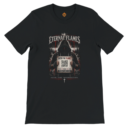 ENTER THE FLAMES Eternal Flames premium unisex T-shirt in Black with hooded figure and QR code graphic