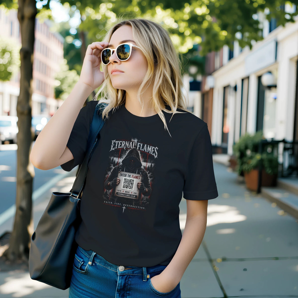 ENTER THE FLAMES Eternal Flames T-shirt product mockup featuring distressed gothic artwork and scannable QR code