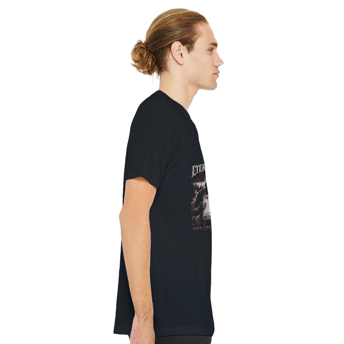 ENTER THE FLAMES Eternal Flames graphic T-shirt mockup with hooded figure, gothic lettering and QR code artwork