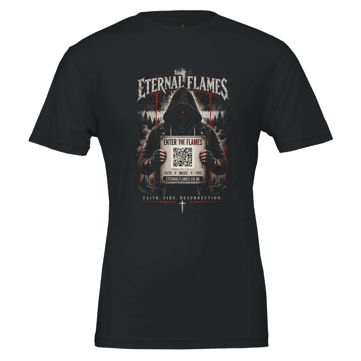 ENTER THE FLAMES Eternal Flames premium dark T-shirt mockup with gothic front graphic and QR code