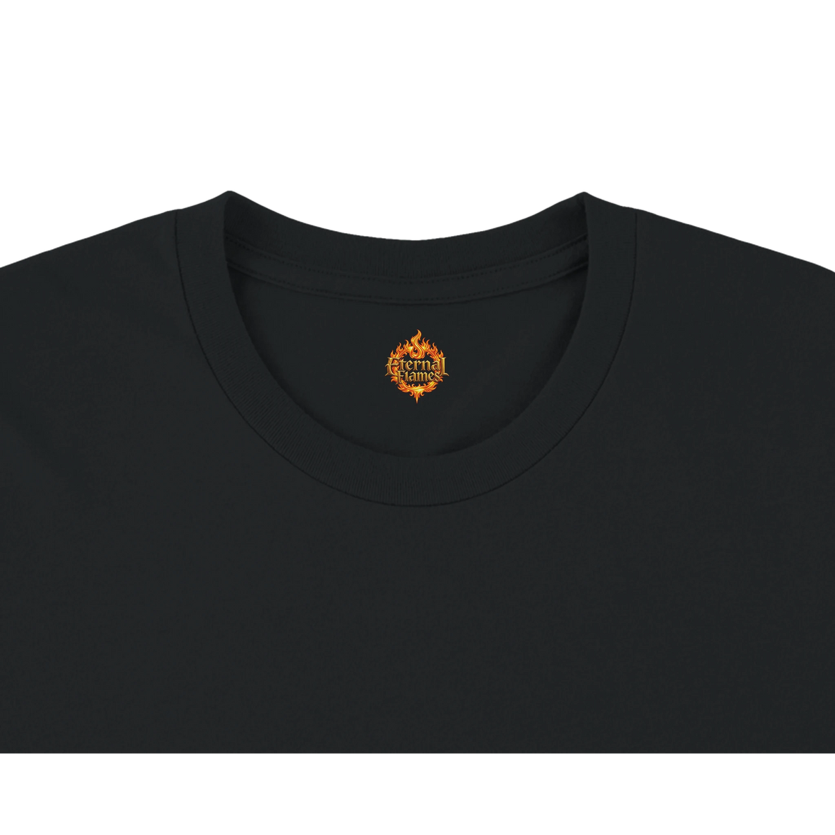 ENTER THE FLAMES Eternal Flames premium unisex T-shirt mockup with hooded figure and scannable QR code front graphic